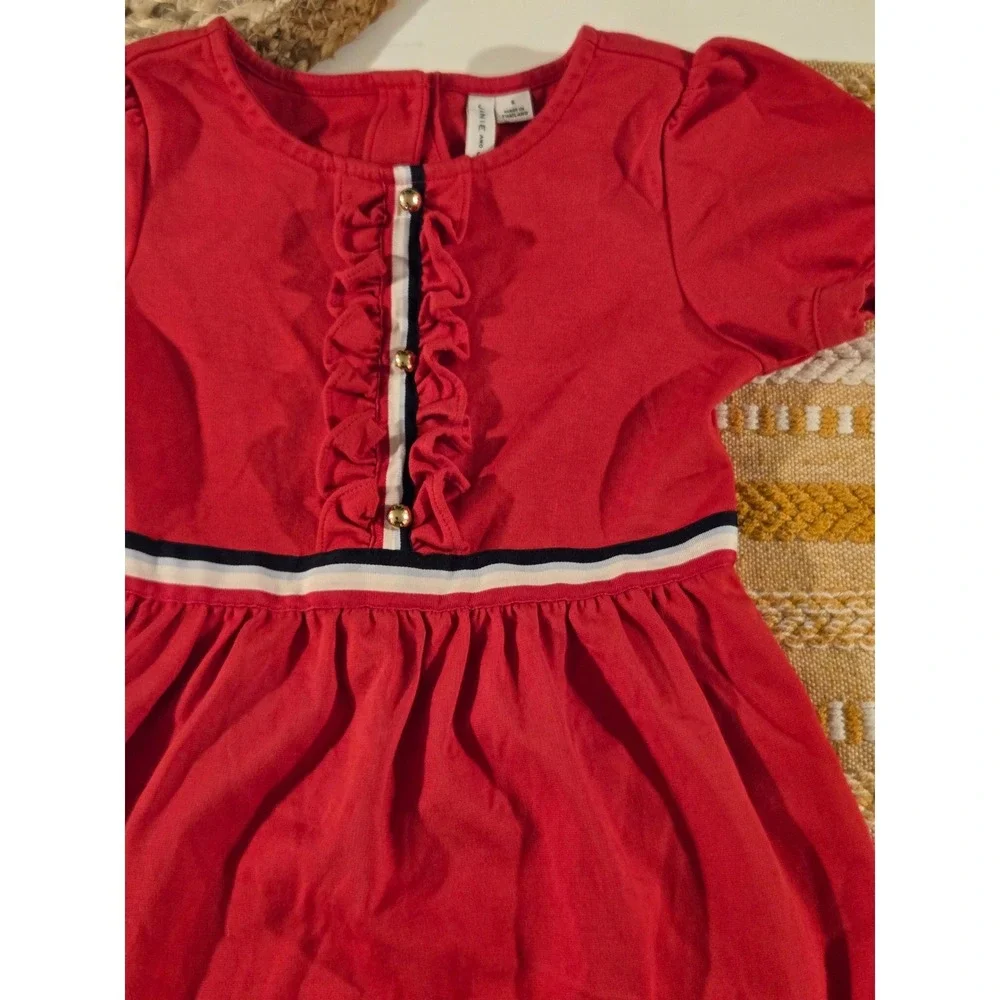 Janie and Jack Red Ruffle Dress Gold Button Sailor Stripe Kids Size 6‎